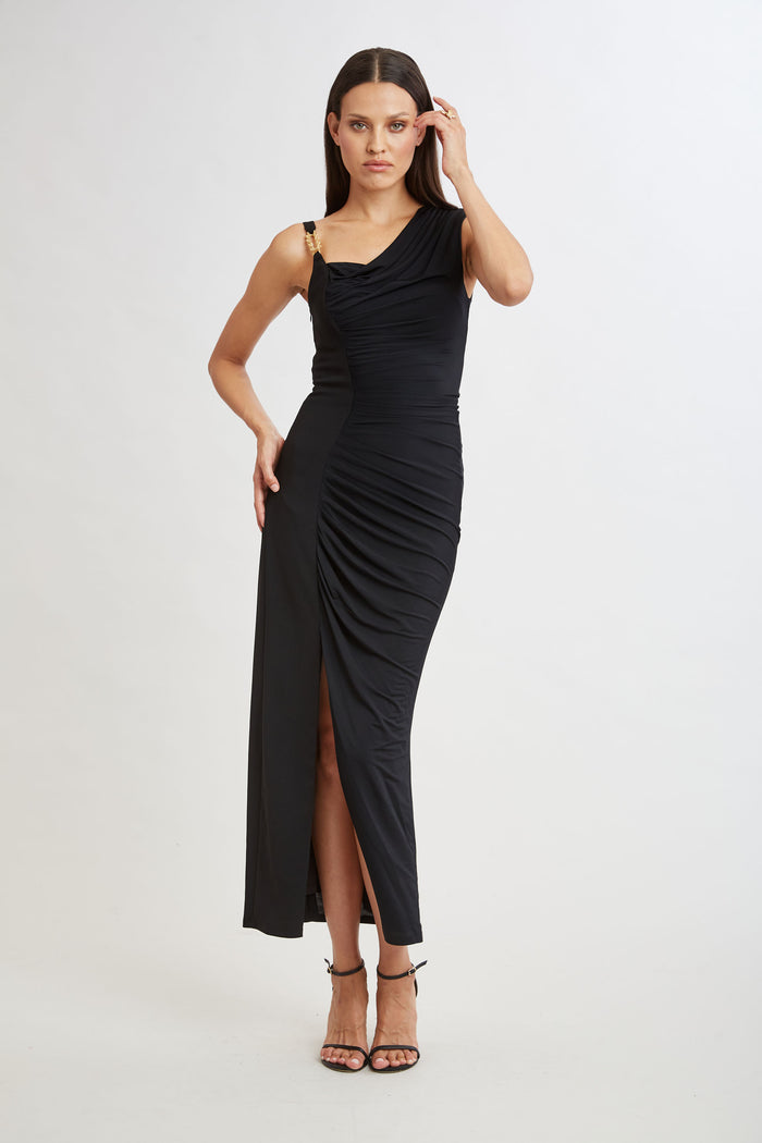 Elie Tahari Chain Detail Asymmetric Matte Jersey Dress BLACK