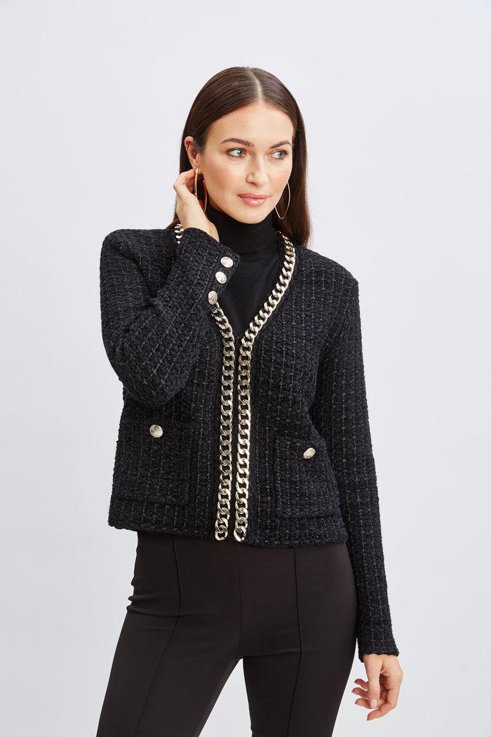 Elie Tahari Chain Trim Metallic Cardigan NOIR/NOIR LUREX