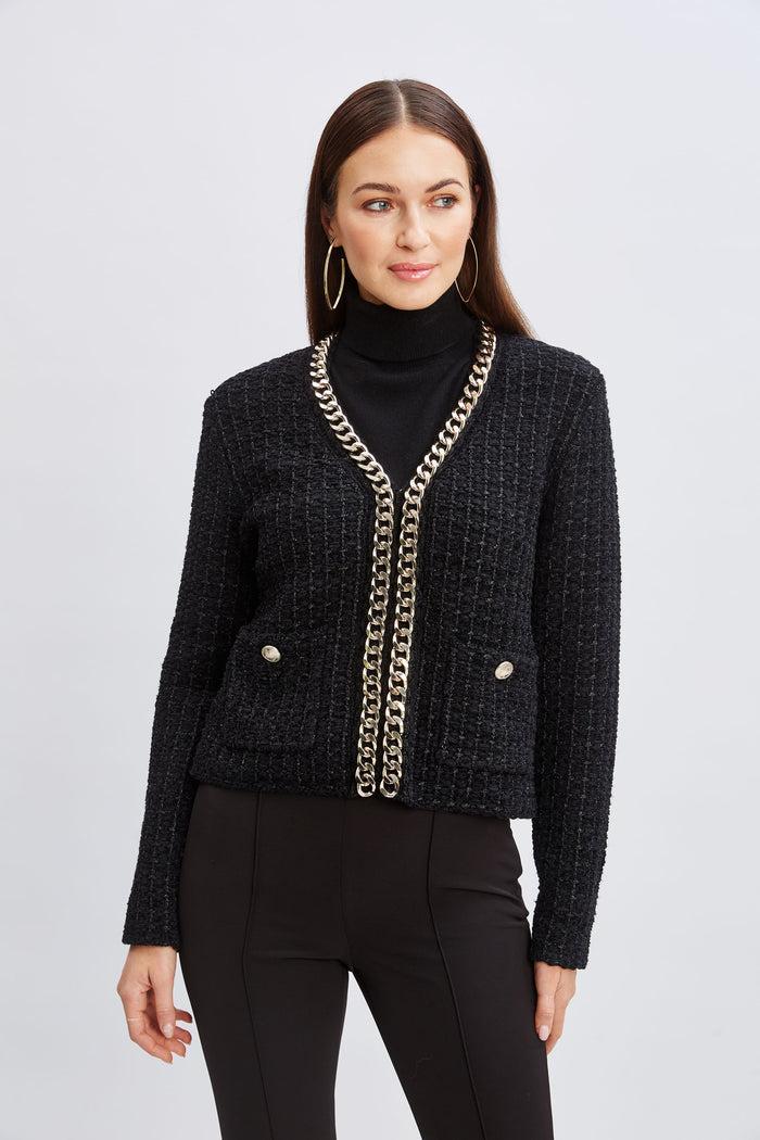 Elie Tahari Chain Trim Metallic Cardigan NOIR/NOIR LUREX