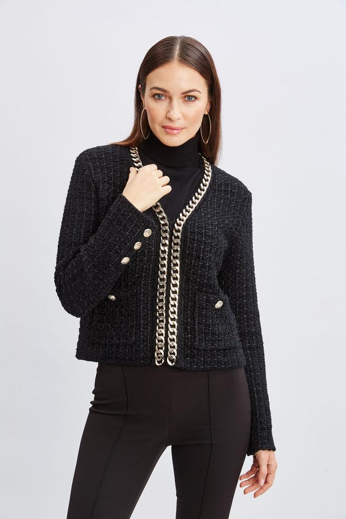 Elie Tahari Chain Trim Metallic Cardigan NOIR/NOIR LUREX