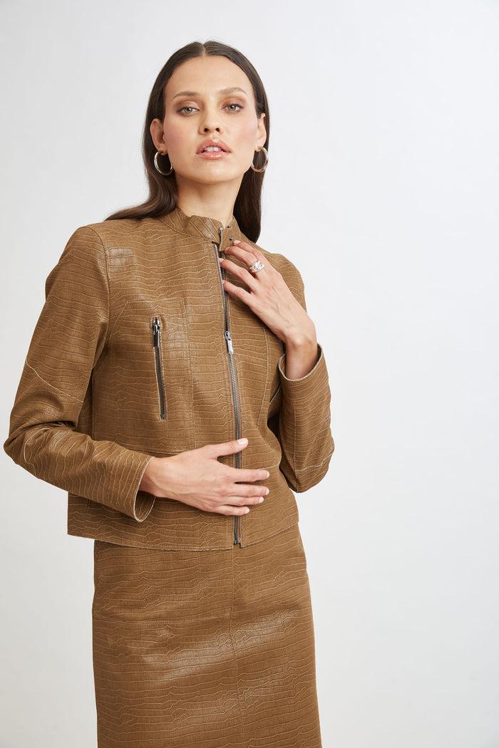 Elie Tahari Croco Embossed Vegan Leather Motto Jacket CARAMEL