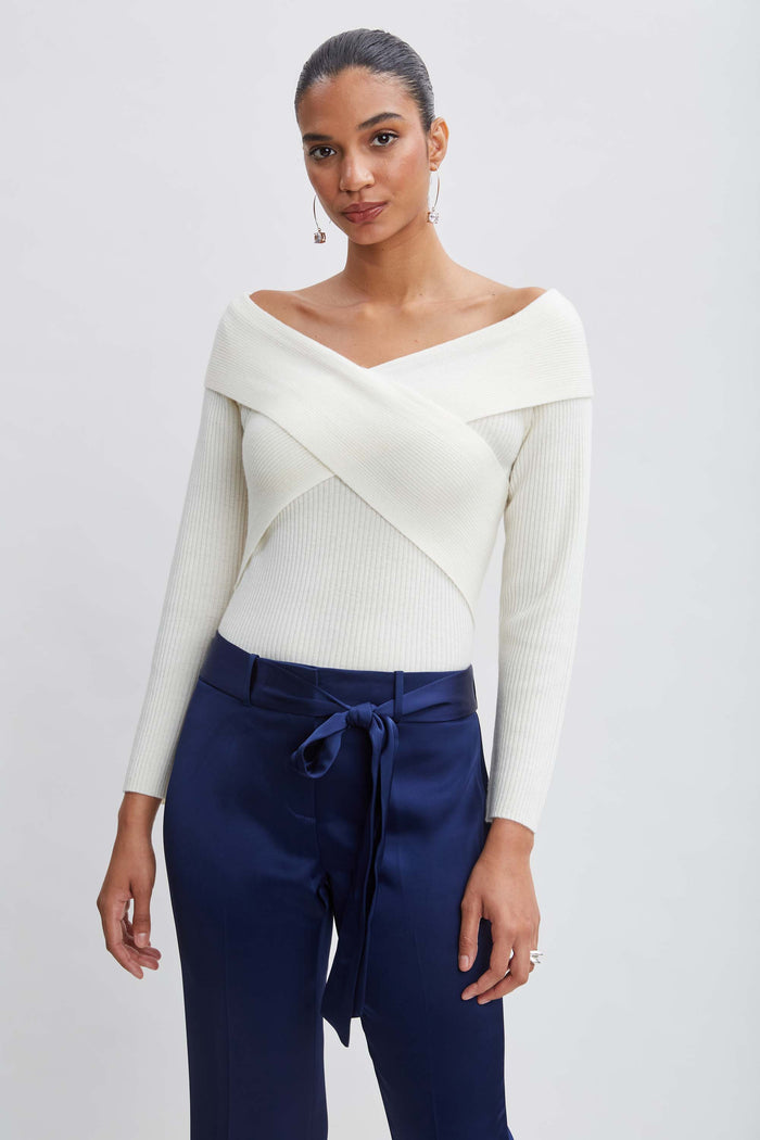 Elie Tahari Cross Shoulder Cashmere Merino Sweater SNOW