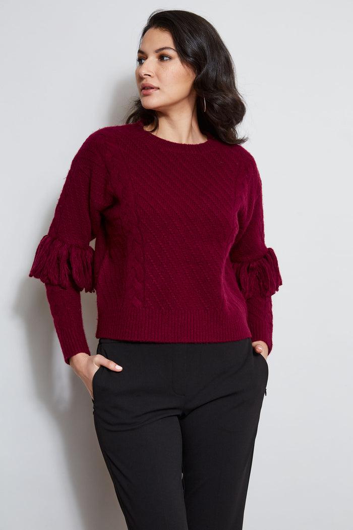 Elie Tahari Cable Knit Fringe Sweater MULBERRY