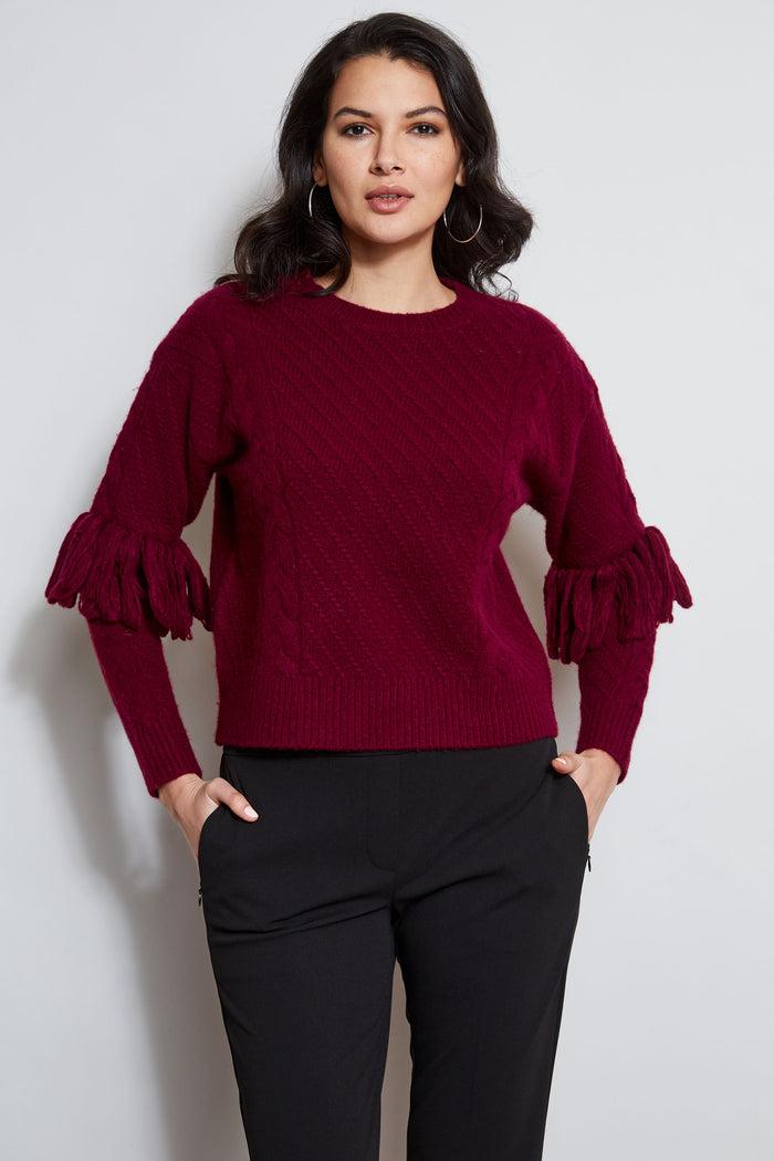 Elie Tahari Cable Knit Fringe Sweater MULBERRY