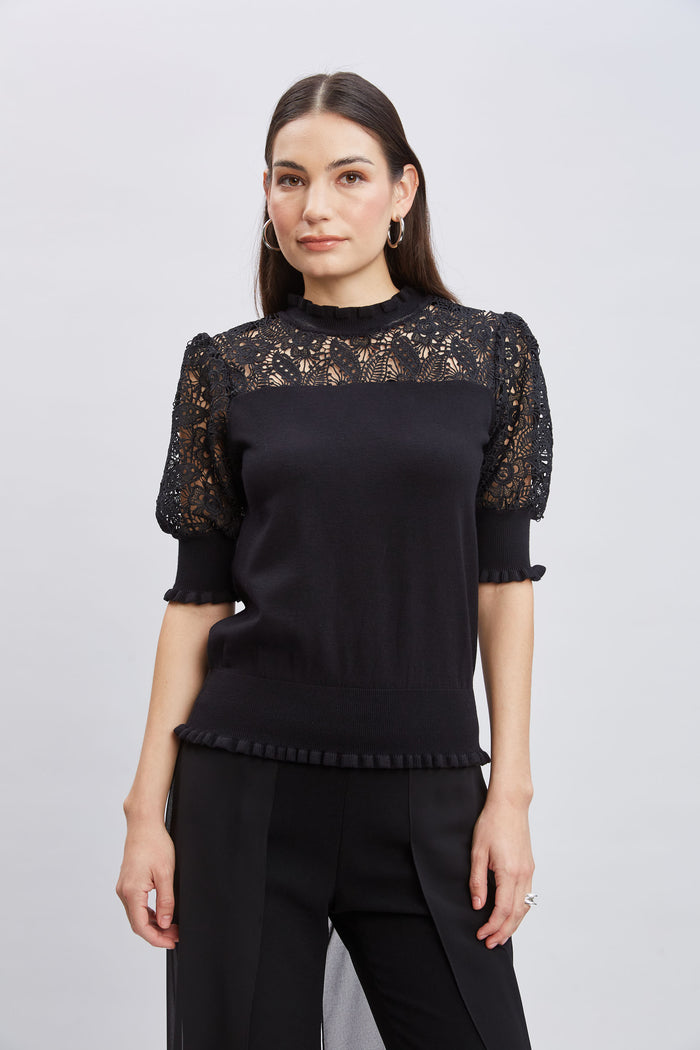 Elie Tahari Crochet Sleeve Sweater Noir