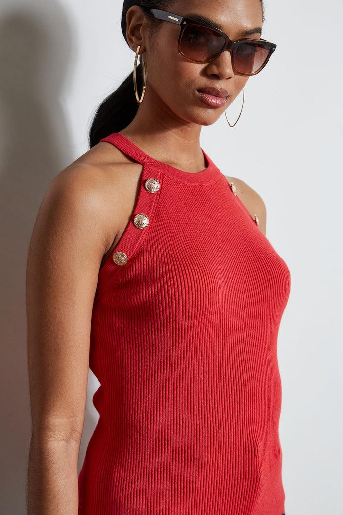 Elie Tahari Halter Button Rib Tank ROSE PARADE