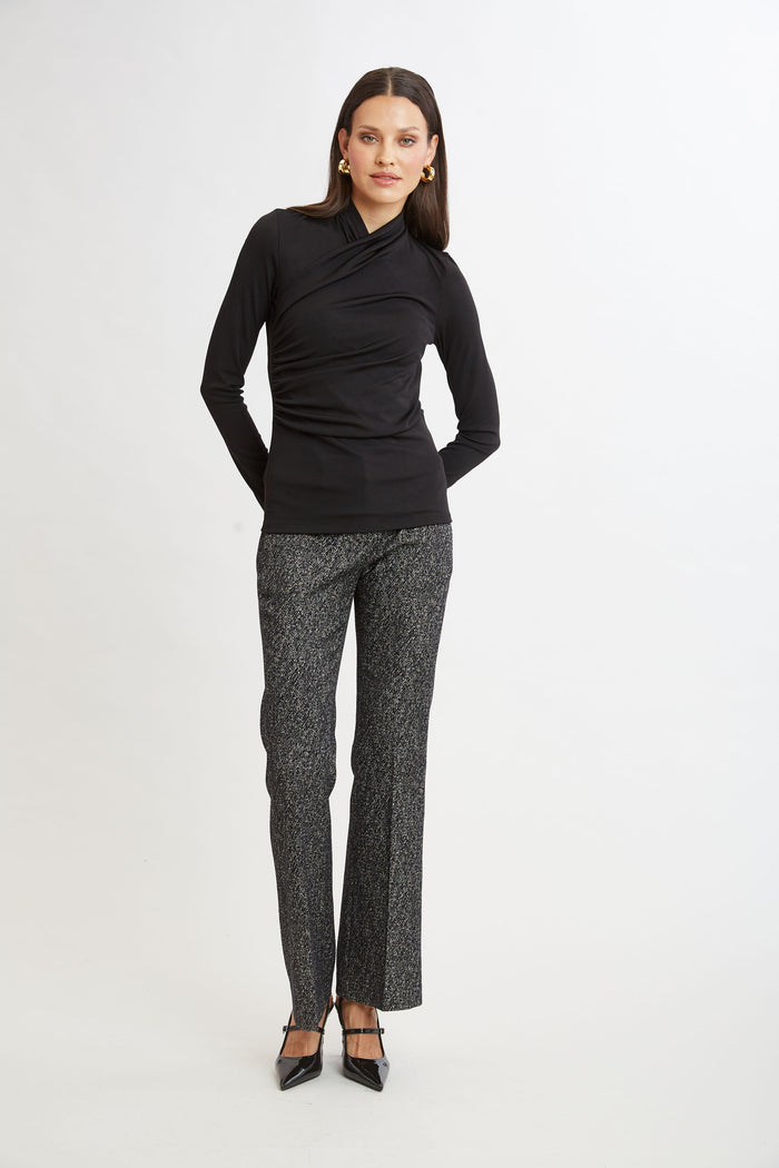 Elie Tahari Long Sleeve Ruched Draped Knit BLACK