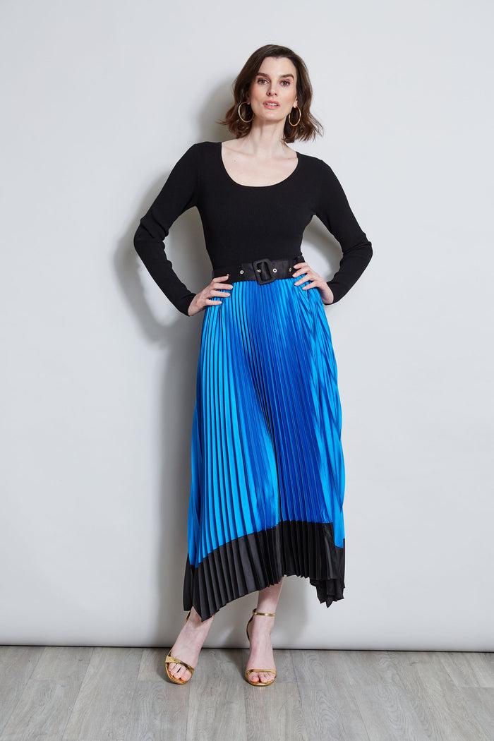 Elie Tahari Pleated Belted Dress BLUE IVY/NOIR