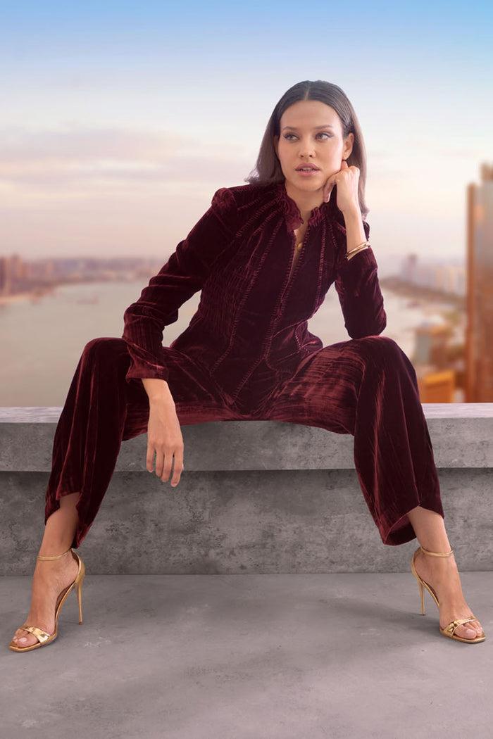 Elie Tahari Plisse Velvet Fluid Pant BURGUNDY