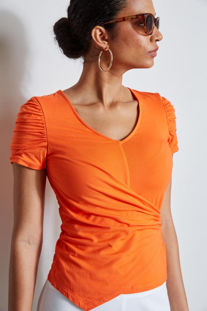 Elie Tahari Ruched Sleeve V-Neck Knit APRICOT