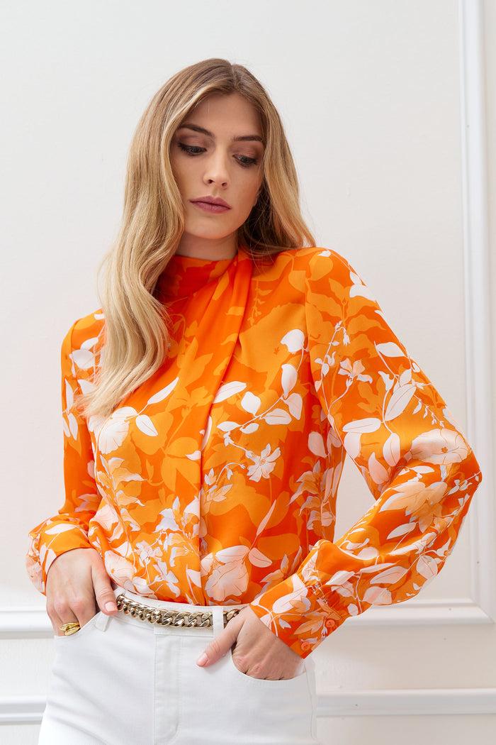 Elie Tahari Silk Draped Neck Bloom Shirt MULTI