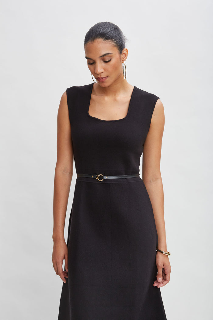 Elie Tahari Square Neck Belted Sweater Dress Noir
