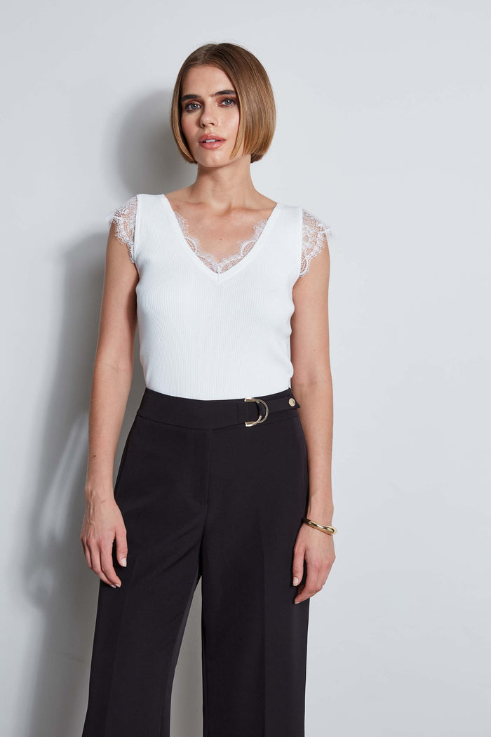 Elie Tahari T-Tahari Lace Trim Sweater WHITE STAR