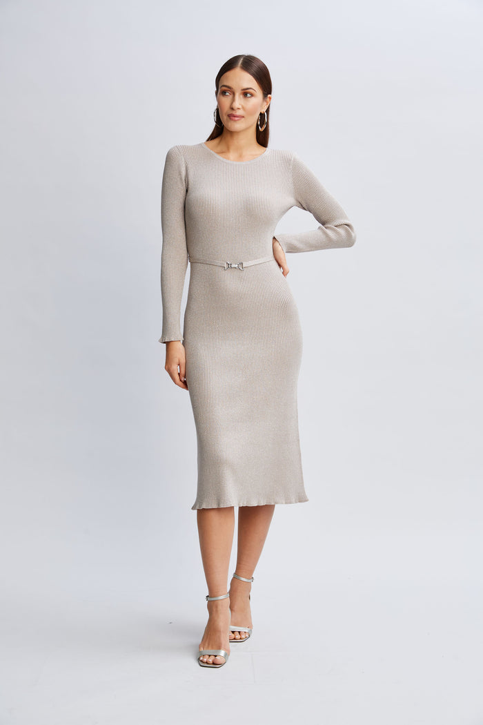 Elie Tahari Metallic Belted Sweater Dress SHIMMER GOLD