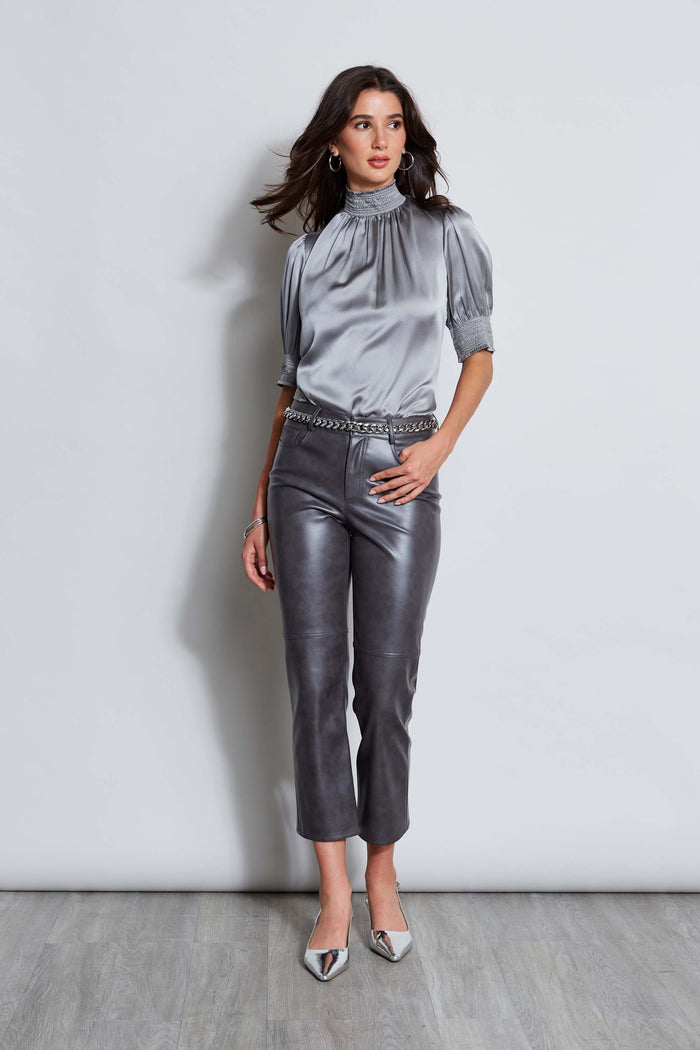 Elie Tahari Short Sleeve Silk Satin Smocked Shirt COMET