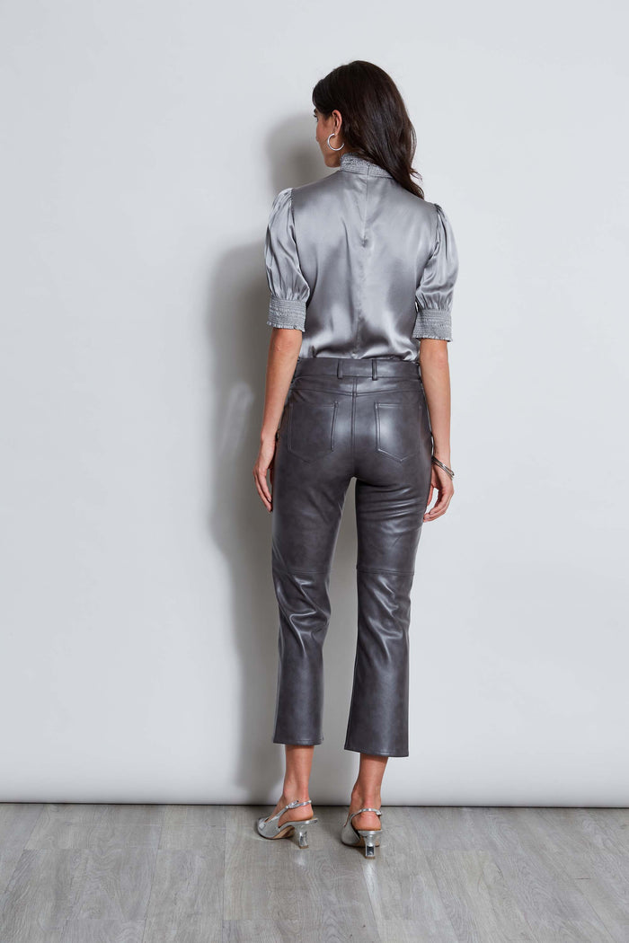 Elie Tahari Short Sleeve Silk Satin Smocked Shirt COMET
