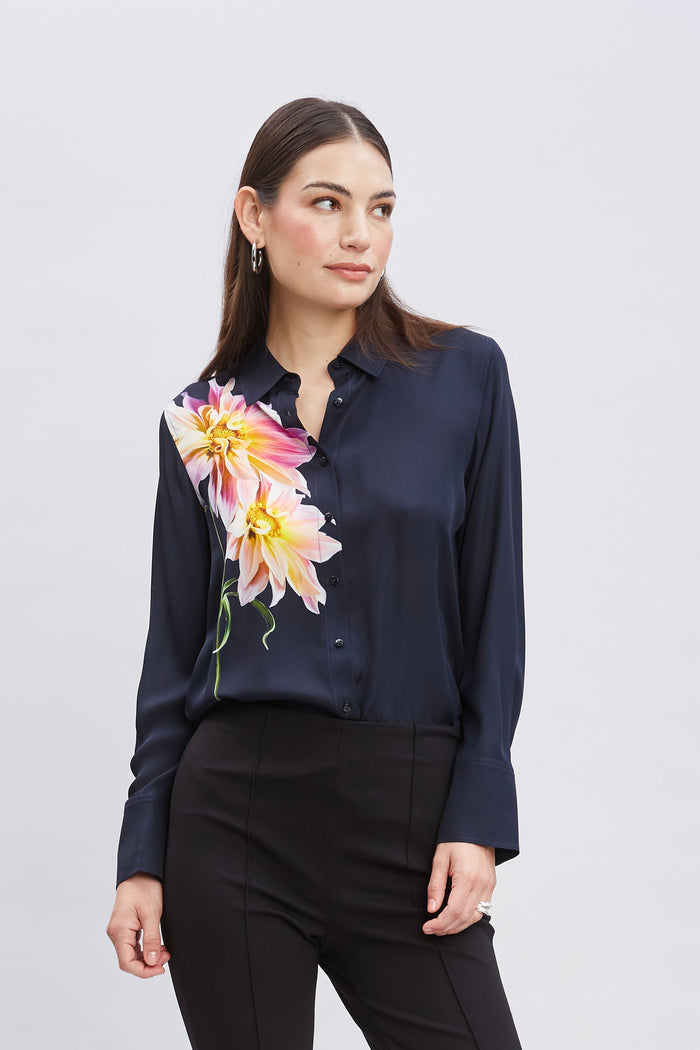 Elie Tahari Silk Dahlia Button Down Shirt STARGAZER MULTI