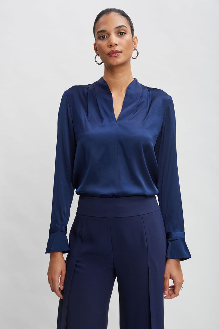 Elie Tahari Silk Satin Contour Neck Ruffle Cuff Shirt MIDNIGHT