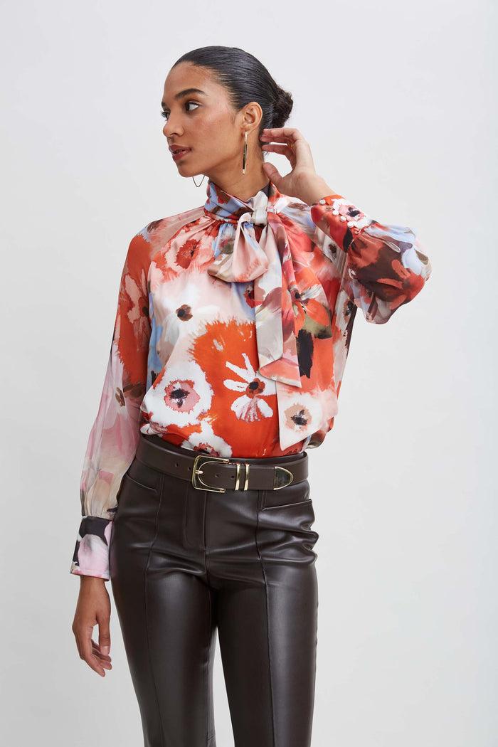 Elie Tahari Silk Satin Wintergarden Chiffon Sleeve Shirt MULTI