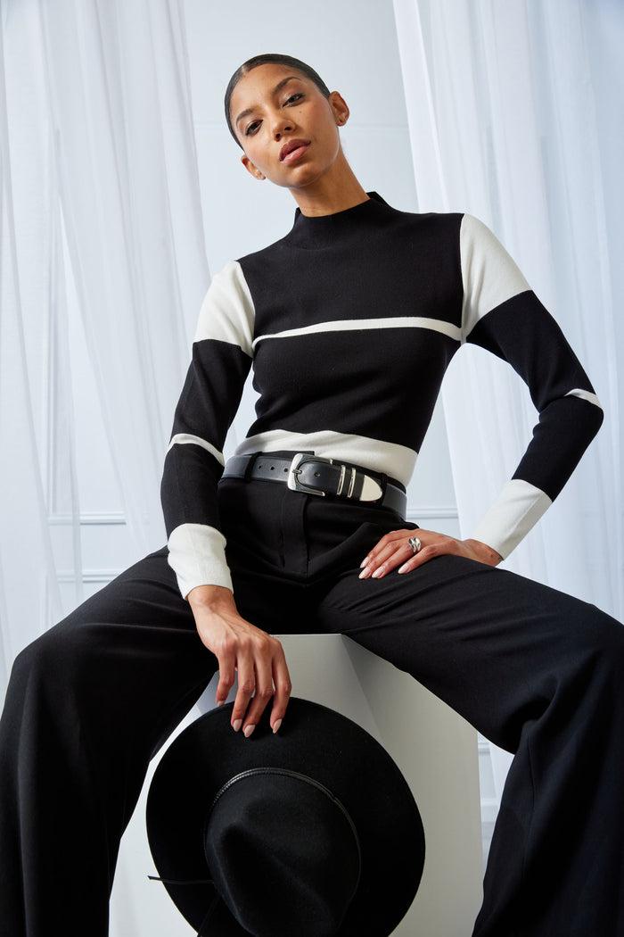 Elie Tahari Stripe Mock Neck Sweater Noir/Sky White