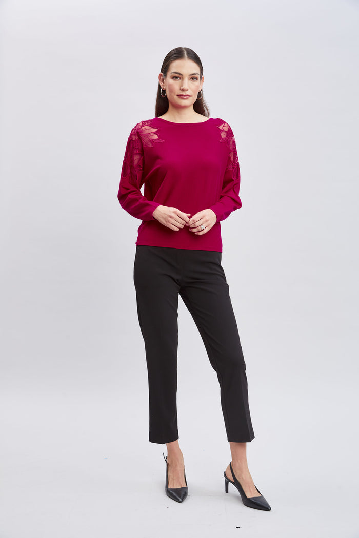 Elie Tahari T-Tahari Chiffon Floral Shoulder Sweater PINK HEART
