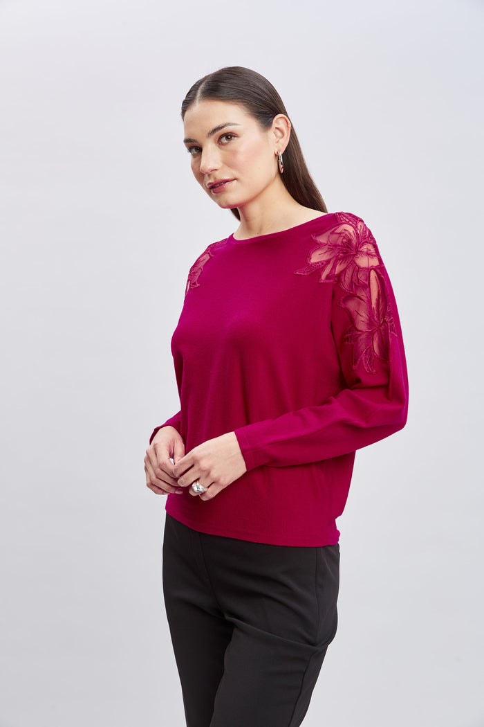 Elie Tahari T-Tahari Chiffon Floral Shoulder Sweater PINK HEART