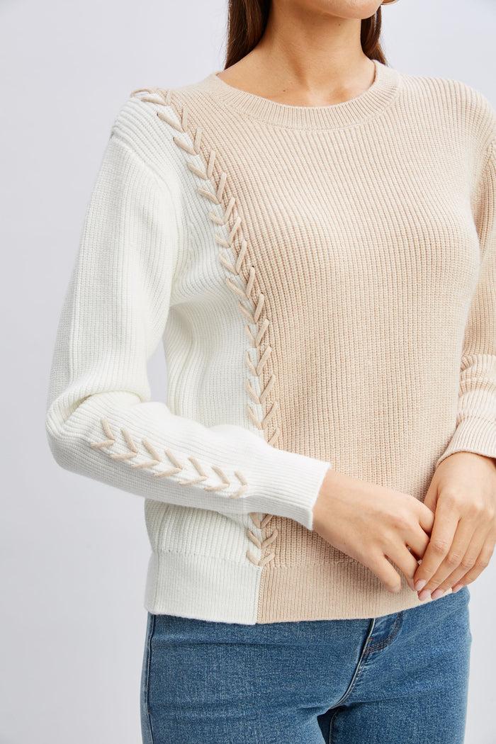 Elie Tahari T-Tahari Colorblock Stitch Sweater SOFT TAN/WHITE STAR
