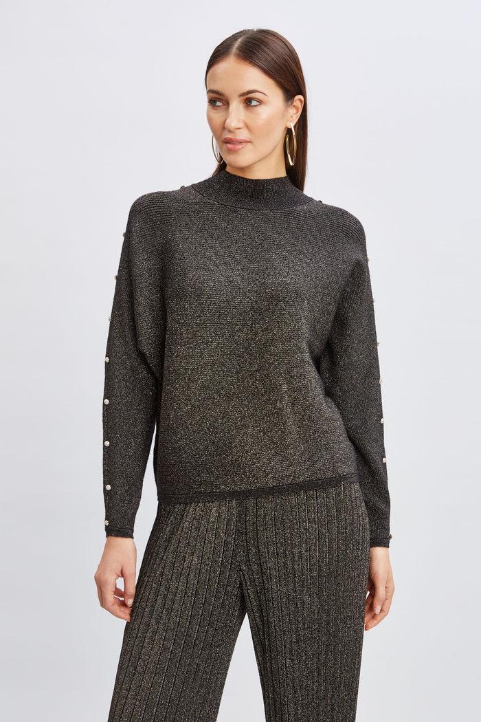 Elie Tahari T-Tahari Crystal Sleeve Metallic Sweater BLACK/GOLD LUREX