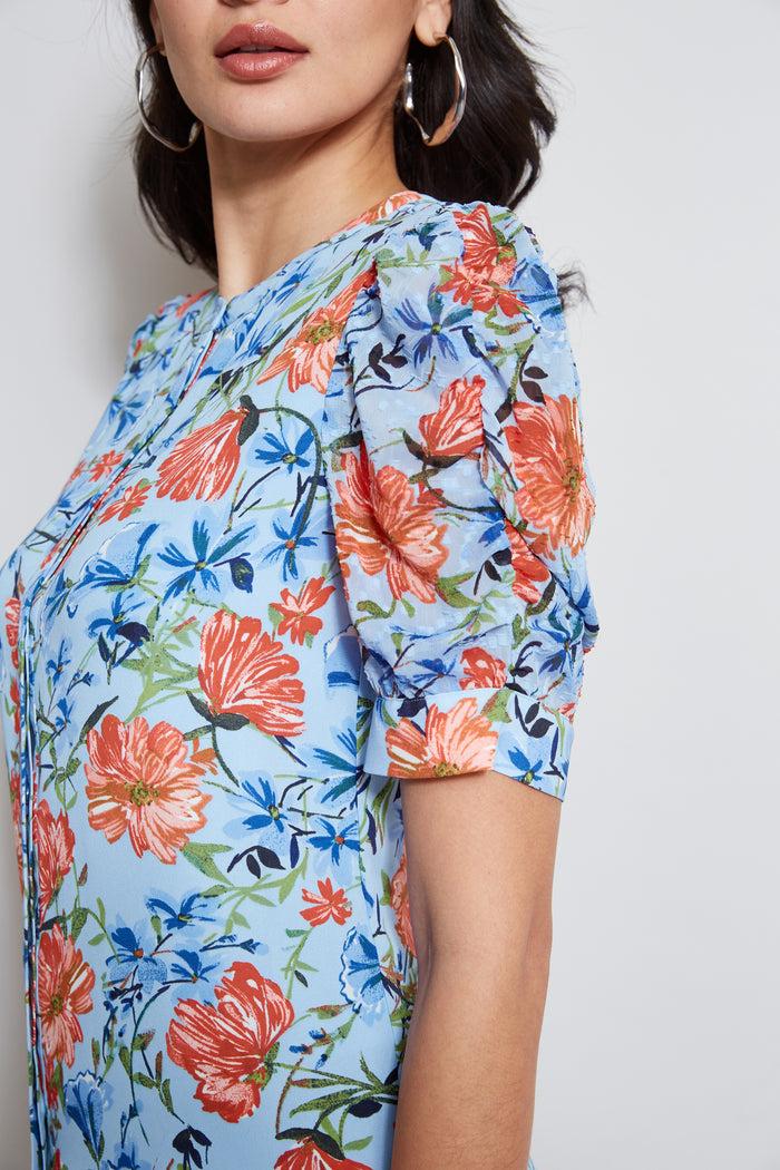 Elie Tahari T-Tahari Garden Floral Puff Sleeve Shirt WATER GARDEN