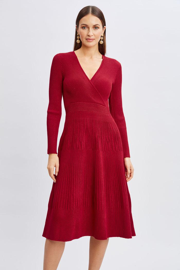 Elie Tahari T-Tahari Lurex Mock Wrap Sweater Dress BAKED CHERRY/BAKED CHERRY LURX