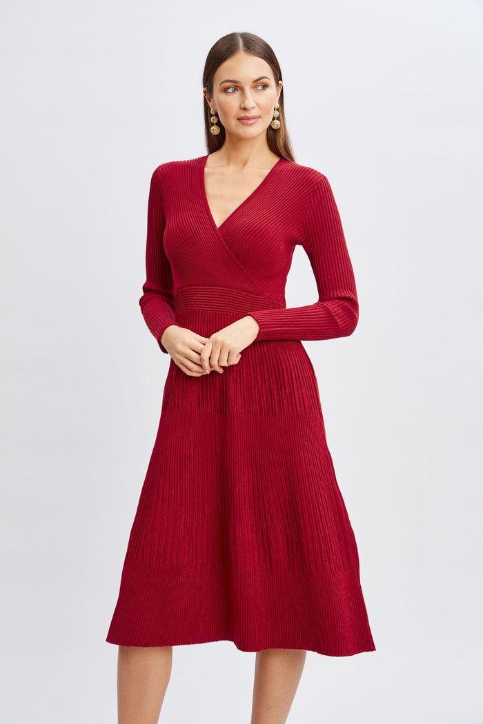 Elie Tahari T-Tahari Lurex Mock Wrap Sweater Dress BAKED CHERRY/BAKED CHERRY LURX