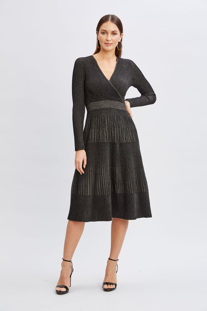 Elie Tahari T-Tahari Lurex Mock Wrap Sweater Dress BLACK/BLACK LUREX