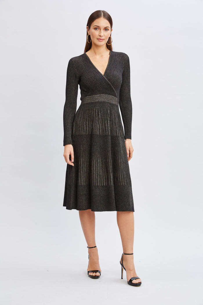 Elie Tahari T-Tahari Lurex Mock Wrap Sweater Dress BLACK/BLACK LUREX