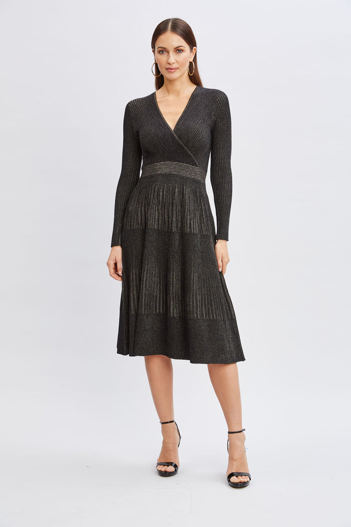 Elie Tahari T-Tahari Lurex Mock Wrap Sweater Dress BLACK/BLACK LUREX