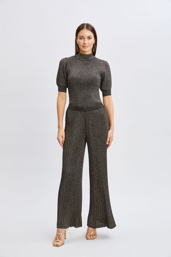 Elie Tahari T-Tahari Metallic Wide Leg Pant BLACK/GOLD LUREX
