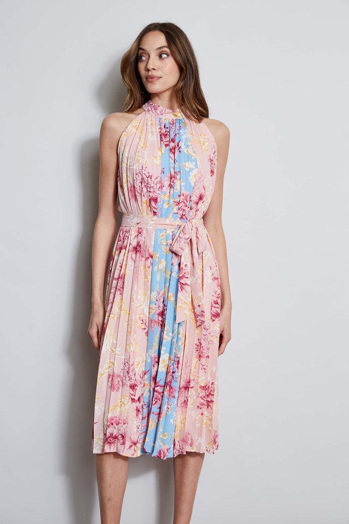 Elie Tahari T-Tahari Pleated Garden Halter Dress VERSAILLES GARDEN (PINK/BLUE)