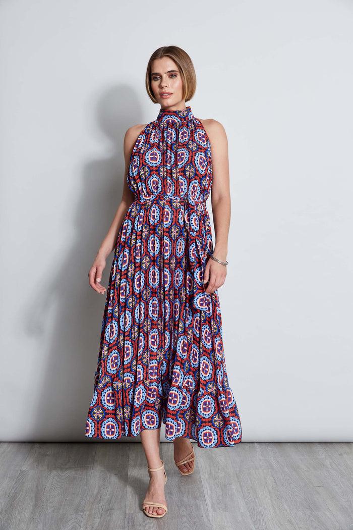 Elie Tahari T-Tahari Pleated Print Halter Midi Dress GUAVA TILE PRINT