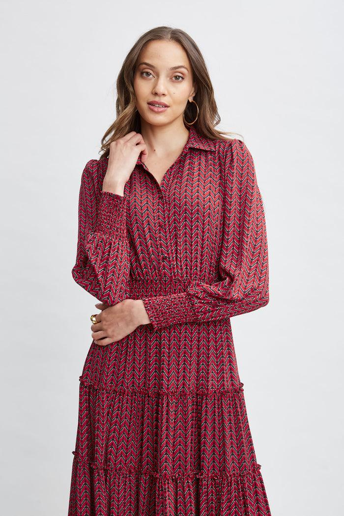 Elie Tahari T-Tahari Printed Shirt Dress CAMILLA CHEVRON DOT