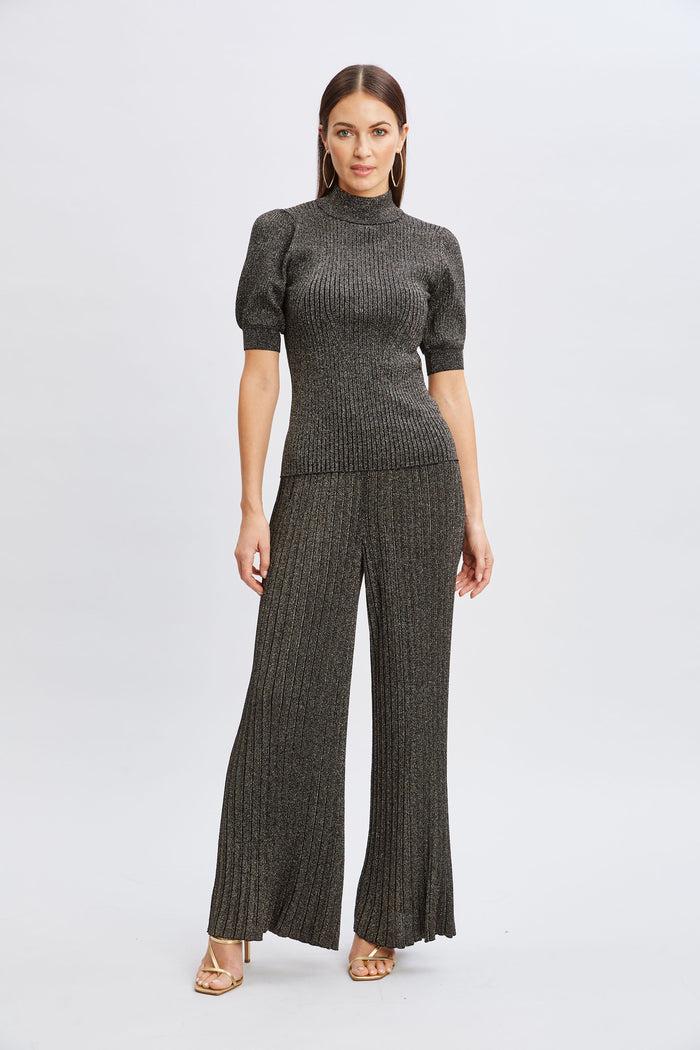 Elie Tahari T-Tahari Puff Sleeve Metallic Sweater BLACK/GOLD LUREX