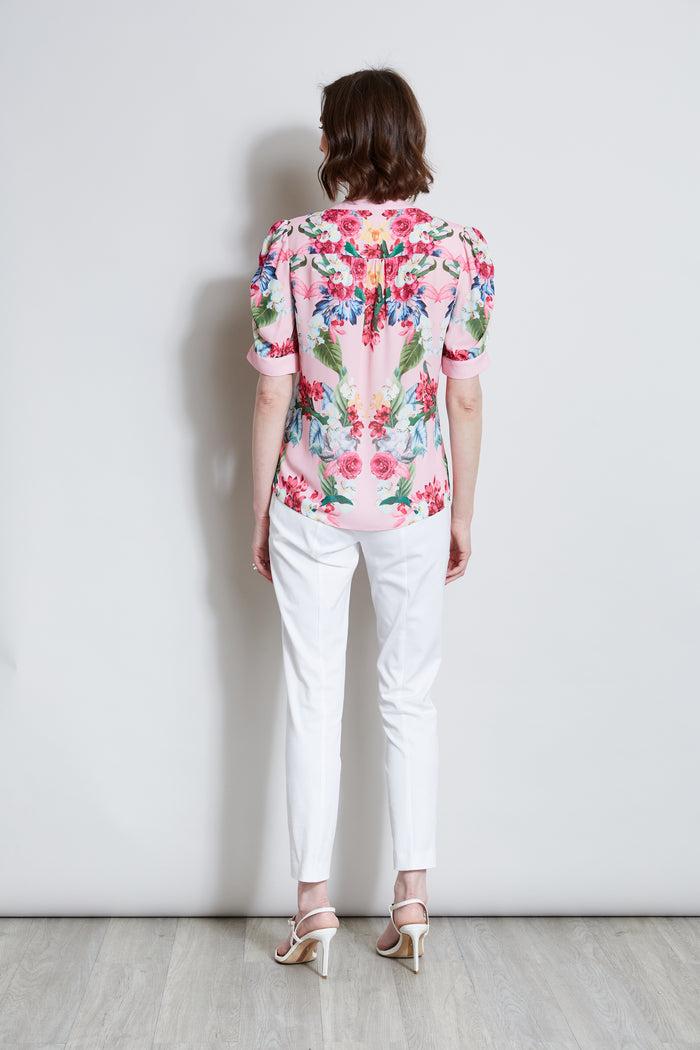 Elie Tahari T-Tahari Rose Print Puff Shoulder Shirt POWDER PINK