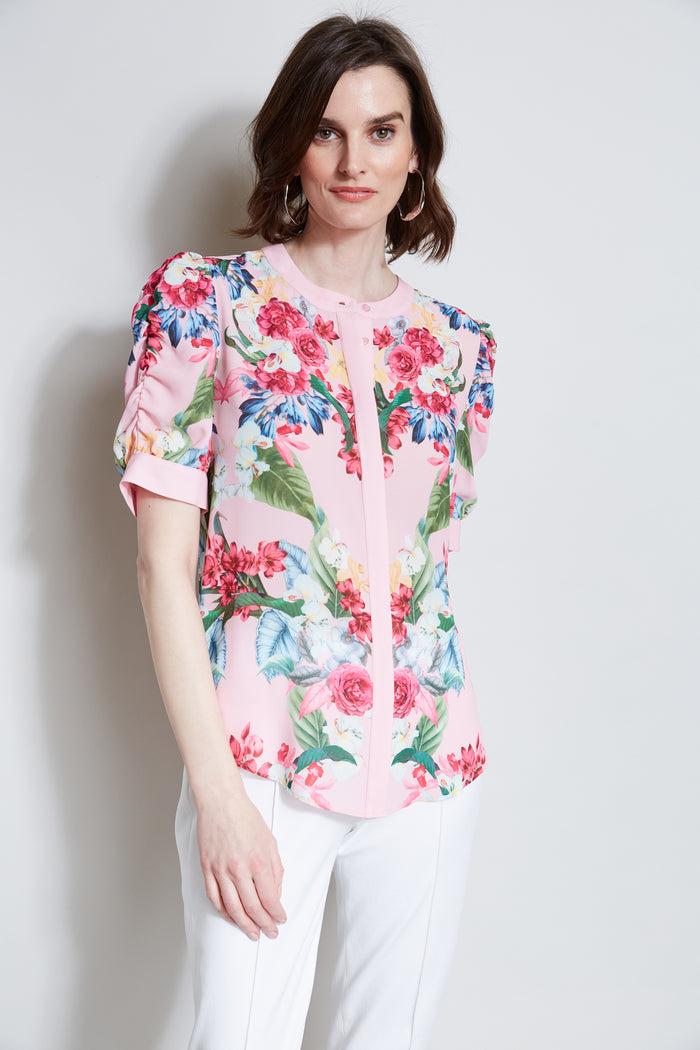 Elie Tahari T-Tahari Rose Print Puff Shoulder Shirt POWDER PINK