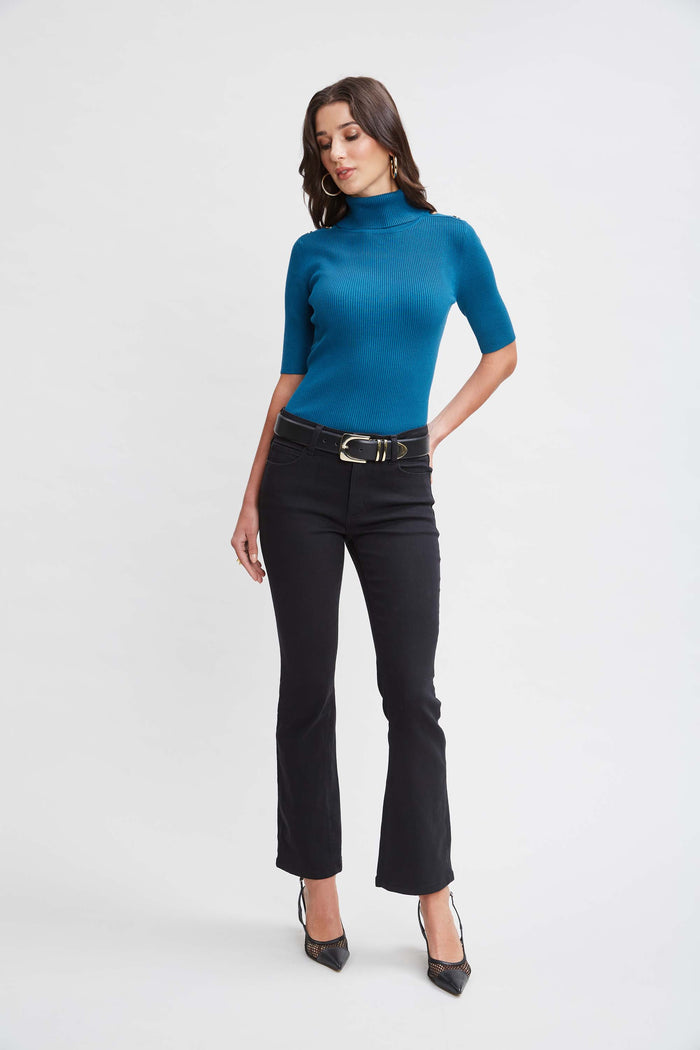 Elie Tahari T-Tahari Short Sleeve Button Sweater BLUE DIAMOND