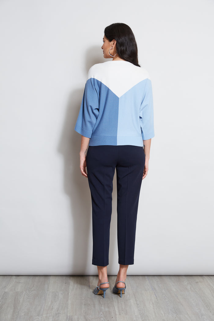 Elie Tahari T-Tahari Short Sleeve Color Blocked Sweater WTR GARDEN/CTG BLU/WHT STAR