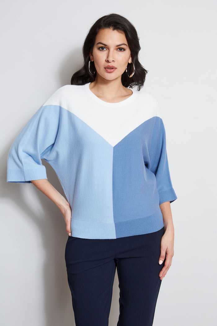 Elie Tahari T-Tahari Short Sleeve Color Blocked Sweater WTR GARDEN/CTG BLU/WHT STAR