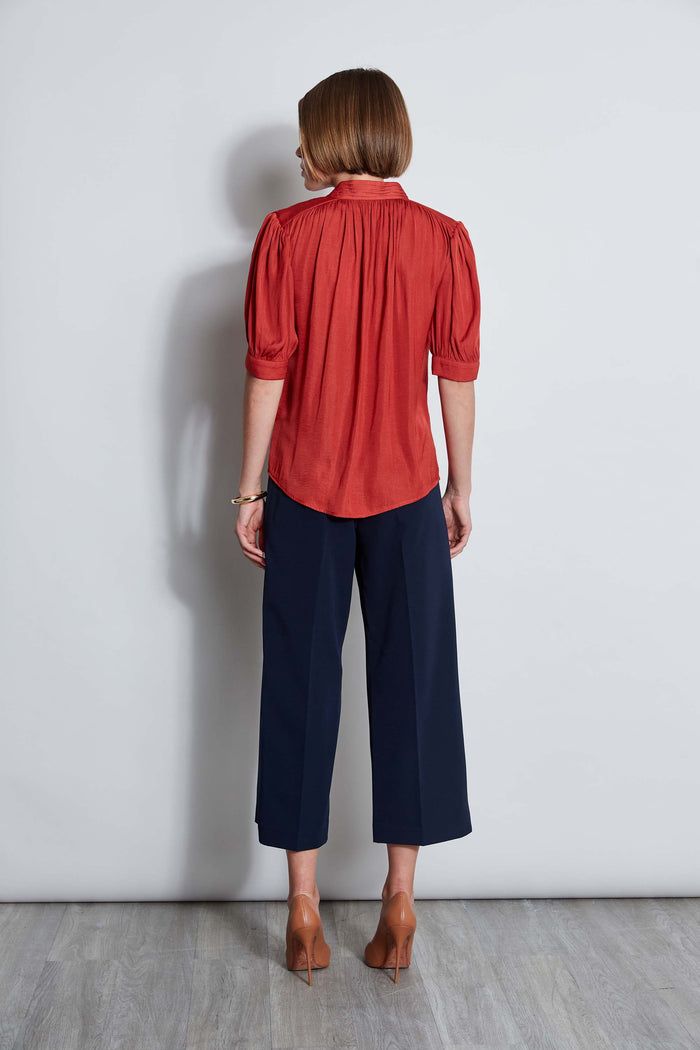 Elie Tahari T-Tahari Short Sleeve Pleated Neck Shirt FIRE BRICK
