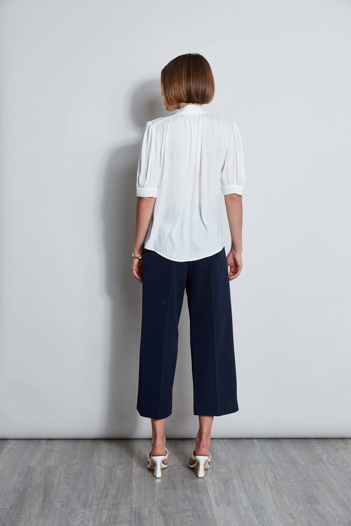 Elie Tahari T-Tahari Short Sleeve Pleated Neck Shirt IVORY