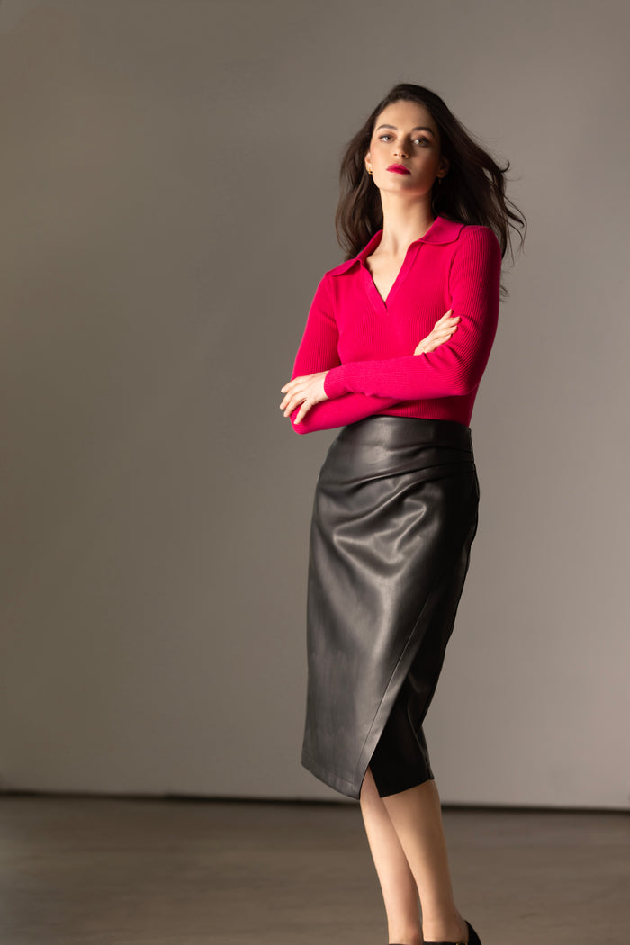 Elie Tahari T-Tahari Vegan Leather Midi Wrap Skirt BLACK
