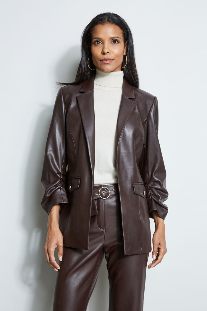 Elie Tahari T-Tahari Vegan Leather Ruched Sleeve Blazer Red Wood (original)
