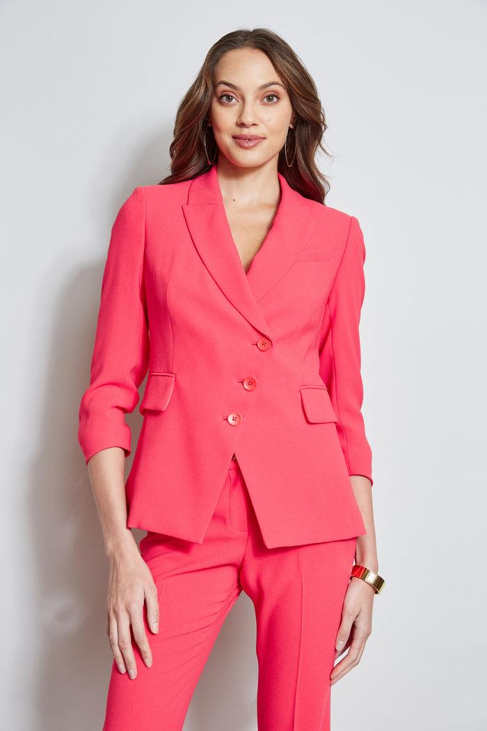 Elie Tahari 3 Button Ruched Sleeve Blazer WILD STRAWBERRY
