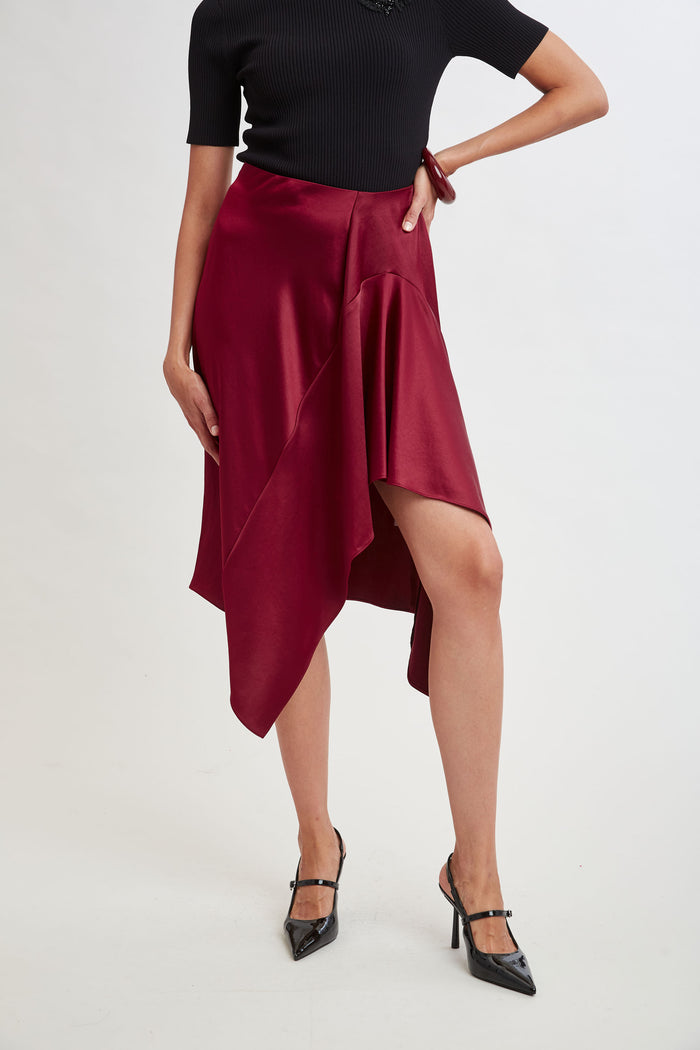 Elie Tahari Asymmetric Hem Satin Midi Skirt SANGRIA